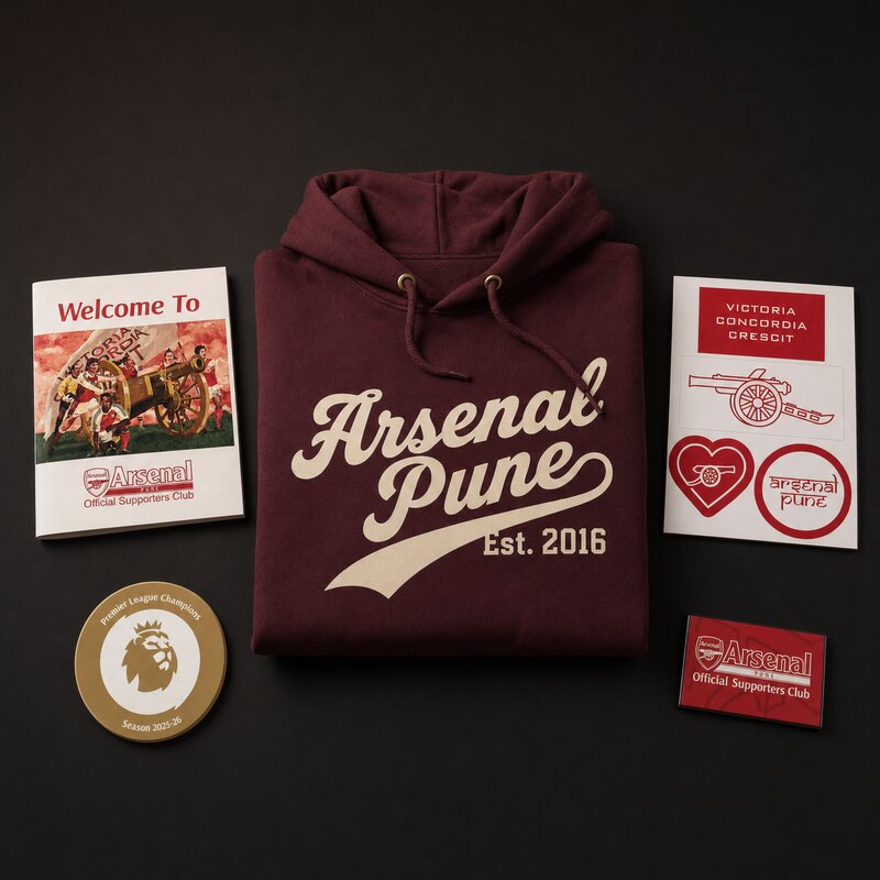 The Arsenal Pune membership kit — maroon hoodie, welcome card, fridge magnet, supporters-club badge and sticker pack